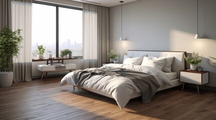 Bedroom with wooden floors, white walls, and white bed.