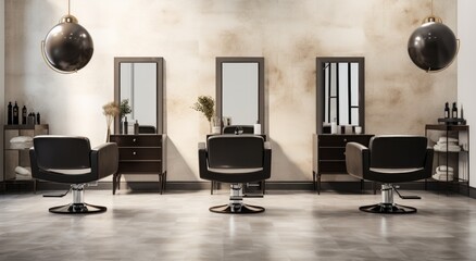 Black hair salon chairs on a white floor, in the style of use of earth tones.