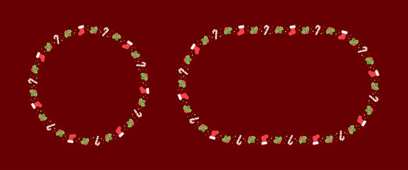 Christmas Frame Border Set, Winter Holiday Graphics. Cute Mistletoe, Santa Stocking and Candy Cane pattern, card and social media post template vector illustration.