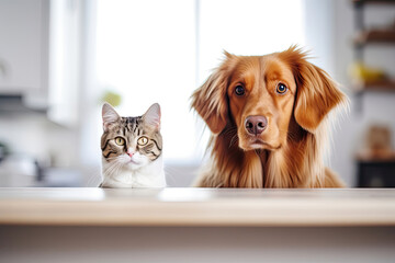 Dog and cat sitting at the table and waiting for food - Powered by Adobe
