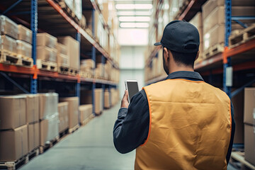 Back view of a worker with smartphone at warehouse