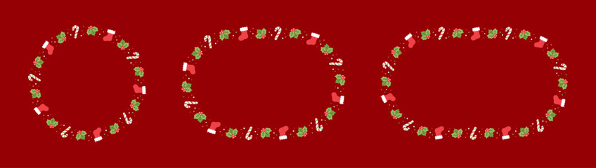 Christmas Frame Border Set, Winter Holiday Graphics. Cute Mistletoe, Santa Stocking and Candy Cane pattern, card and social media post template vector illustration.