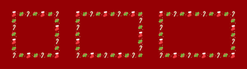 Square and Rectangle Christmas Frame Border Set, Winter Holiday Graphics. Cute Mistletoe, Stocking and Candy Cane pattern, card and social media post template vector illustration.