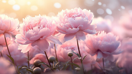 pink peonies in the fog, a floral morning in a field of flowers
