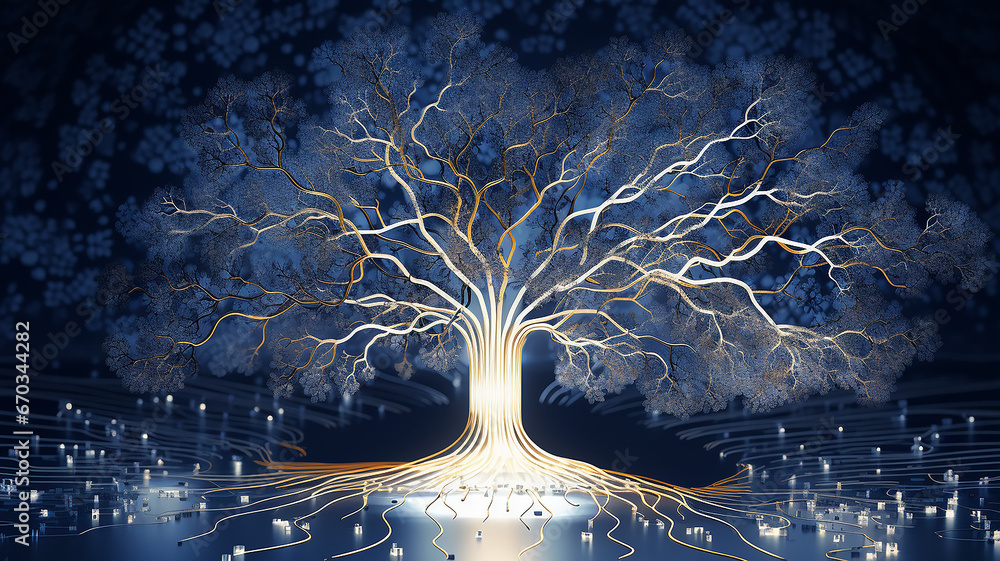 Poster background concept is artificial intelligence, a symbol of nature and growth, a tree of life and a b
