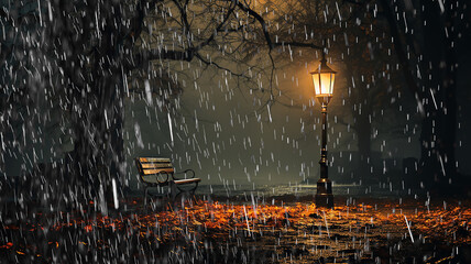 autumn background rain and copy space vintage lantern among autumn trees, fictional computer graphics
