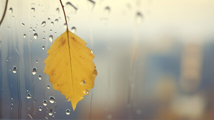 yellow wet leaf on an autumn window in the rain, a background with  copy space, an abstract view from the window in October