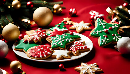 Christmas-shaped cookies decorated with fondant on a red table adorned with baubles, served on a plate