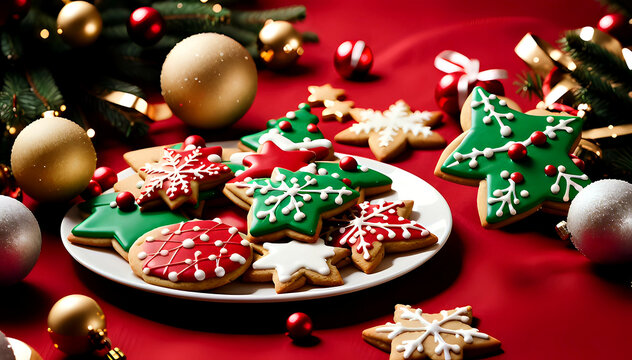 Christmas-shaped cookies decorated with fondant on a red table adorned with baubles, served on a plate