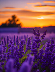 Fototapeta premium A serene field of lavender under a colorful sunset sky. 