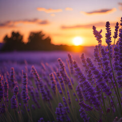 A serene field of lavender under a colorful sunset sky.
