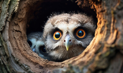 Curious two baby owls inside tree hole nest peeking out of the hole