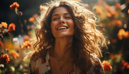 Young woman smiling outdoors, enjoying nature beauty and freedom generated by AI