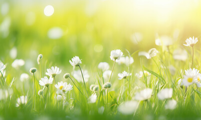 Fresh green grass and white blooming flowers on meadow in morning light