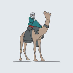 One continuous line drawing of people are riding camels in the desert as symbol for Hijrah. Islamic new year holiday concept in simple linear style. Arabian Old transportation vector illustration.