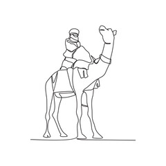 One continuous line drawing of people are riding camels in the desert as symbol for Hijrah. Islamic new year holiday concept in simple linear style. Arabian Old transportation vector illustration.