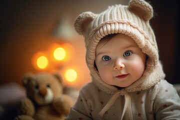 close up cute baby young boy with bokeh light on bed, Generative Ai
