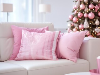Pink Holiday Pillows with Christmas tree on the background