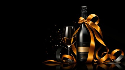 champagne bottle with gold ribbon , generative Ai