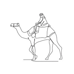 One continuous line drawing of people are riding camels in the desert as symbol for Hijrah. Islamic new year holiday concept in simple linear style. Arabian Old transportation vector illustration.