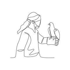 One continuous line drawing of Arabian people with his eagle pets vector illustration. Arabian crazy rich with his hobby illustration simple linear style concept vector. Arabian people hobbies.