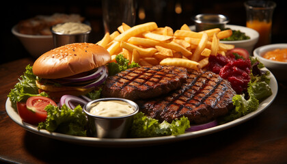 Grilled beef burger with fries, salad, and refreshing drink generated by AI