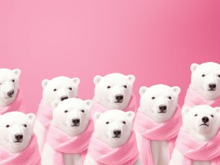 Polar bears in pink scarves. Christmas mood. Pink background. Copy space.