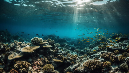 Obraz premium Underwater reef, fish, nature, blue water, animal, deep, tropical climate, coral, scuba diving generated by AI