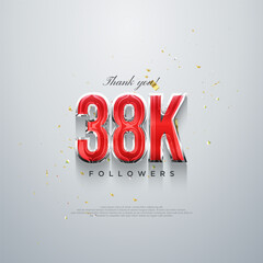 Thank you 38k followers, red numbers design on a white background.