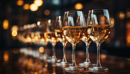 Luxury celebration champagne pouring, wineglass on illuminated bar generated by AI