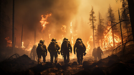Fototapeta premium a group of firefighters on a forest fire a view from the back against the background of wildfire in the forest fiction, computer graphics