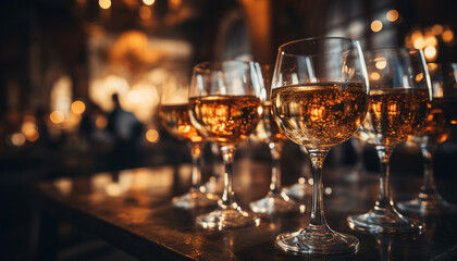 Luxury bar celebrates with elegant wine glasses and champagne flutes generated by AI