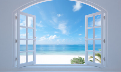 white window open with a view of the sea