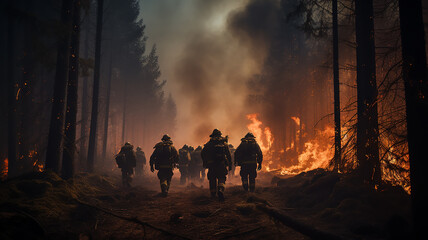 a group of firefighters on a forest fire a view from the back against the background of wildfire in the forest fiction, computer graphics - obrazy, fototapety, plakaty