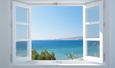 white window open with a view of the sea