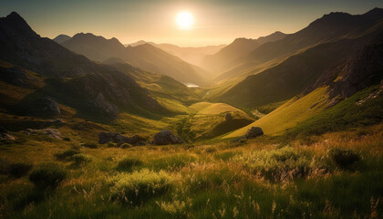 Majestic mountain range, green meadows, tranquil sunrise in Asturias generated by AI