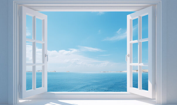 white window open with a view of the sea