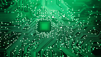 Fototapeta premium green microelectronics, microchip computer printed circuit board electronic chip, abstract fictional background