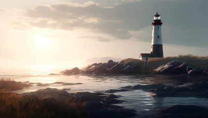 Silhouette of famous beacon guides sailing ship at twilight generated by AI