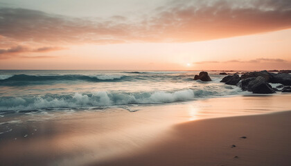 Obraz premium Sunset over the tranquil coastline, waves reflecting the golden twilight generated by AI