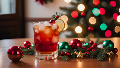 "Cocktail drinks in Christmas red hues in glass tumblers with ice on a wooden table adorned with baubles and a festive background with lights."