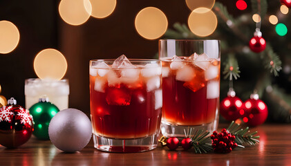 Cocktail drinks in Christmas red hues in glass tumblers with ice on a wooden table adorned with baubles and a festive background with lights - Powered by Adobe