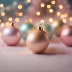 Esferas de Navidad Doradas y Rosa y Verde con Fondo de Luces Difuminadas