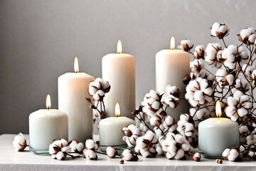 Obraz na płótnie Canvas Stylish table with cotton flowers and aroma candles near light wall