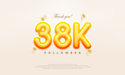 Yellow gold number 38k thanks to followers, modern and premium vector design.