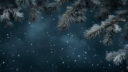 Fototapeta na wymiar Snowflakes settling on pine branches under soft winter moonlight and copy space, generative ai