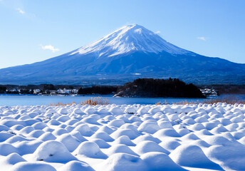 河口湖から富士山と雪景色