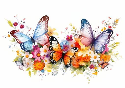 butterflies flowers painted digital wings border white outline prison background brightly colored flying