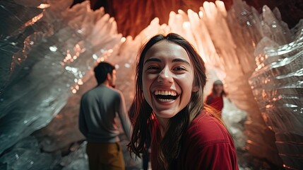 Obraz premium close up portrait of a girl travel under ice cave, Generative Ai