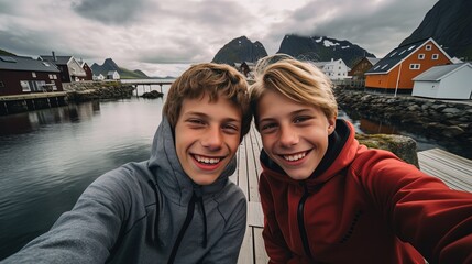 two young man take selfie picture together at winter lake side, Generative Ai